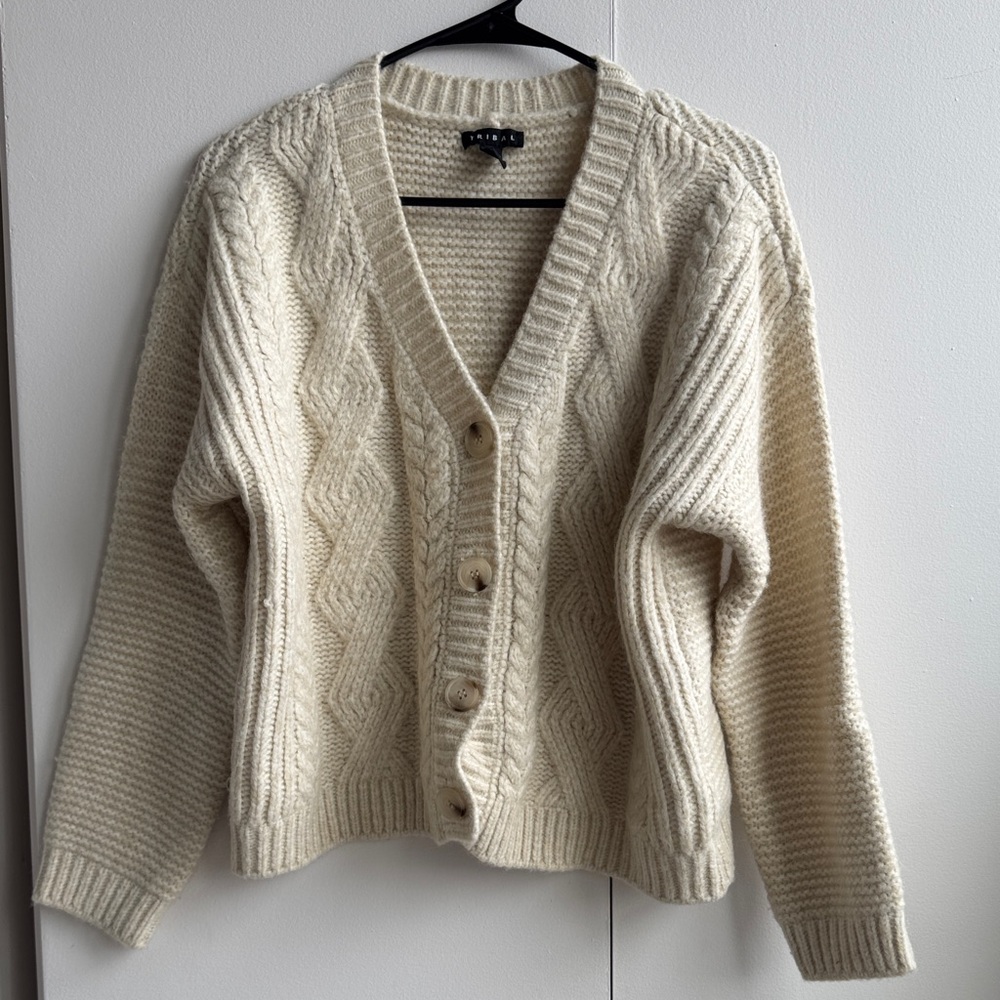 Tribal Cream Cable Knit Button Front Cardigan